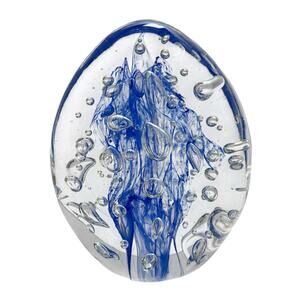 Art Glass Paperweight 4.5" Tall Egg Shape Cobalt Blue Plume Clear Bubbles